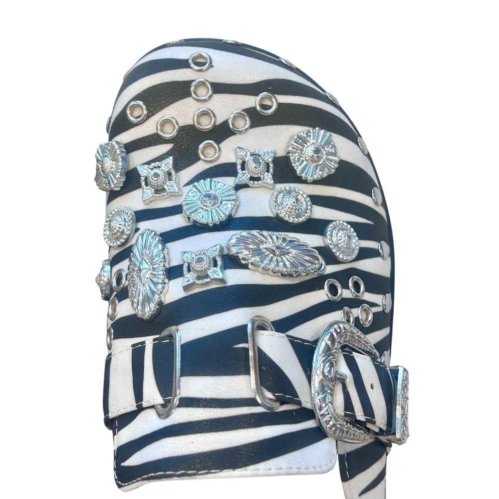 Azalea Wang Zebra Print Embellished Platform Clogs Mules RhinestoneSilver Buckle - Picture 4 of 6